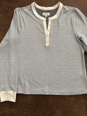 Thread & Supply Striped Henley Top in Light Gray, Black stripes and Cream cuffs